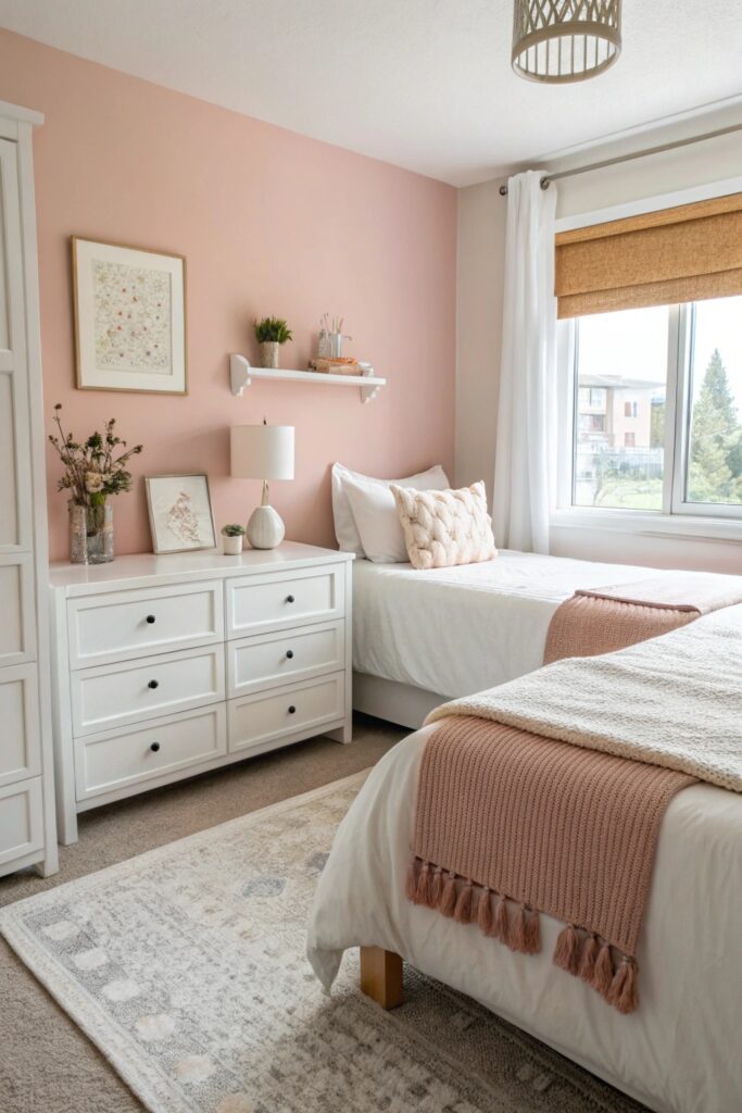 12 Pink Dorm Room Ideas That Are Cute and Stylish blush pink accent wall dorm room