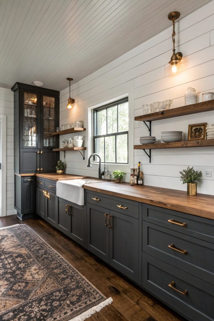 10 Moody Farmhouse Kitchen Ideas Full of Warmth and Character dark charcoal cabinetry moody farmhouse kitchen