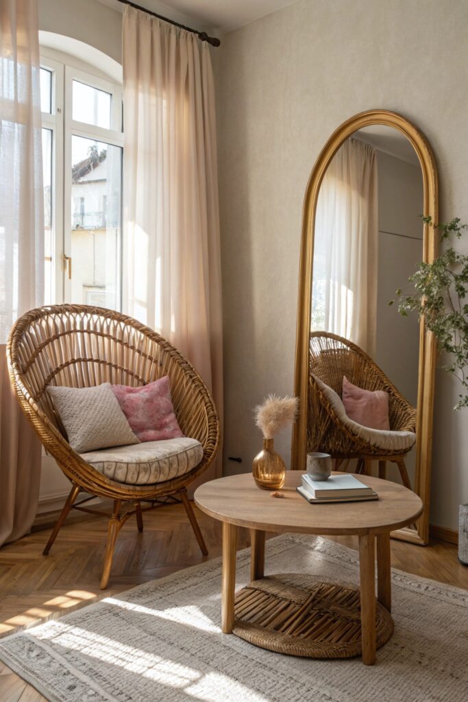 feminine apartment"Feminine apartment living room with curved rattan accent chair and oval coffee table"
