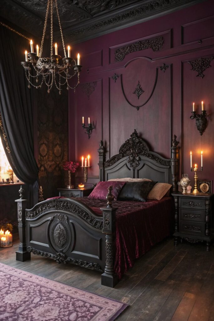 12 Whimsy Goth Bedroom Ideas for a Dark Yet Cozy Aesthetic deep moody wall color whimsy goth bedroom