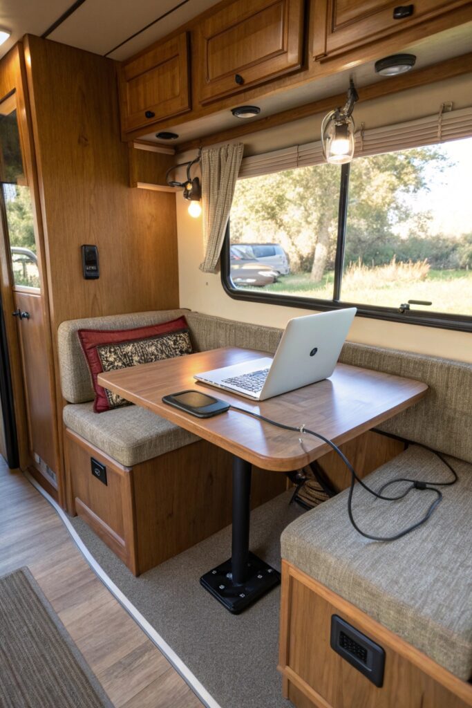 10 RV Home Office Inspiration Ideas for Working From Anywhere RV home office dinette desk conversion