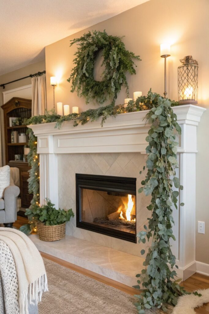 10 Faux Eucalyptus Decor Ideas That Look Surprisingly Real drape faux eucalyptus mantel