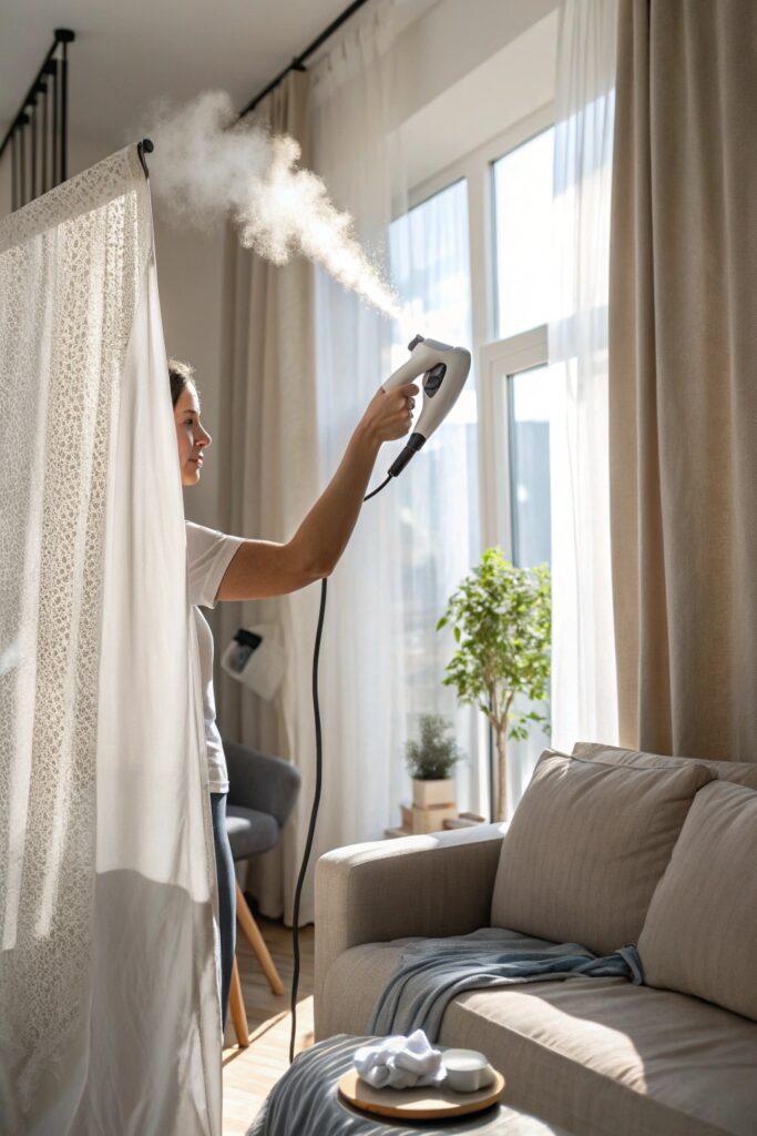10 Ways to Remove Creases From New Curtains Quickly handheld steamer remove creases new curtains