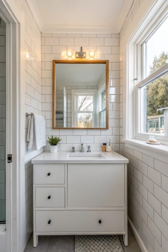 14 Small Bathroom Ideas That Make Tiny Spaces Feel Bigger large wall mirror small bathroom