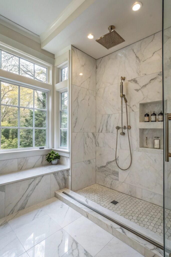 12 Shower Tile Combinations That Make Any Bathroom Look High-End large format marble look porcelain shower tile
