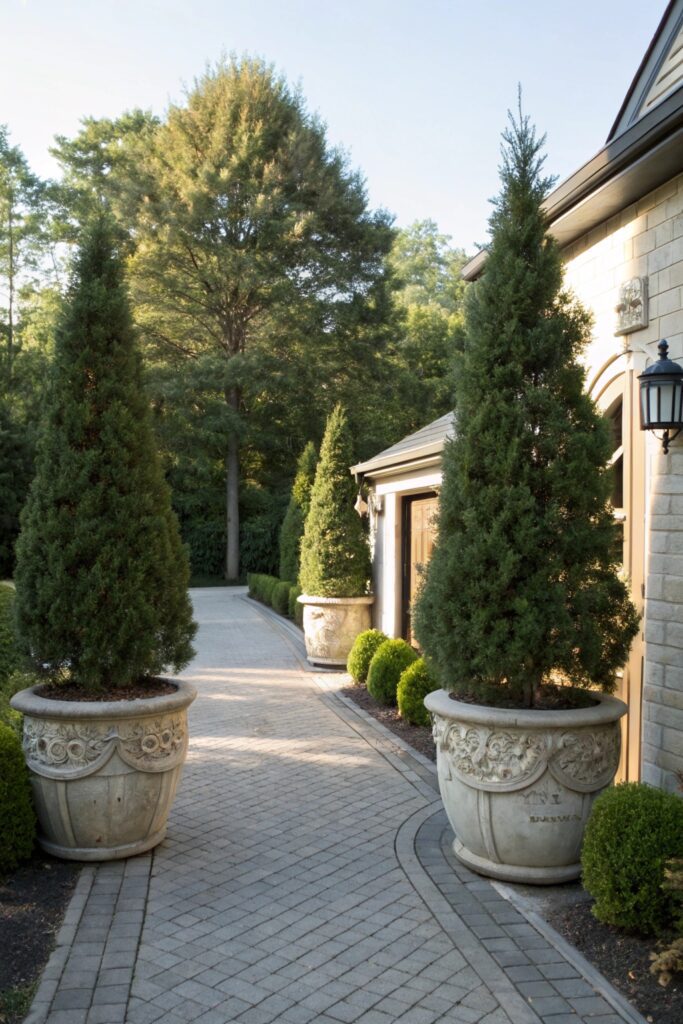 symmetrical planters trees driveway entrance