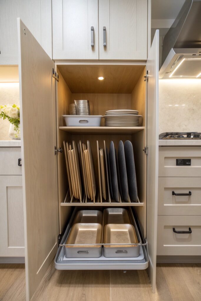 15 Kitchen Organization Hacks That Save Time and Space vertical dividers baking sheets trays kitchen organization