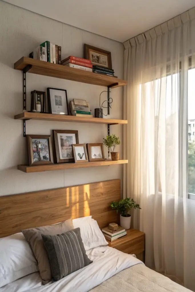 vertical wall mounted shelving small bedroom