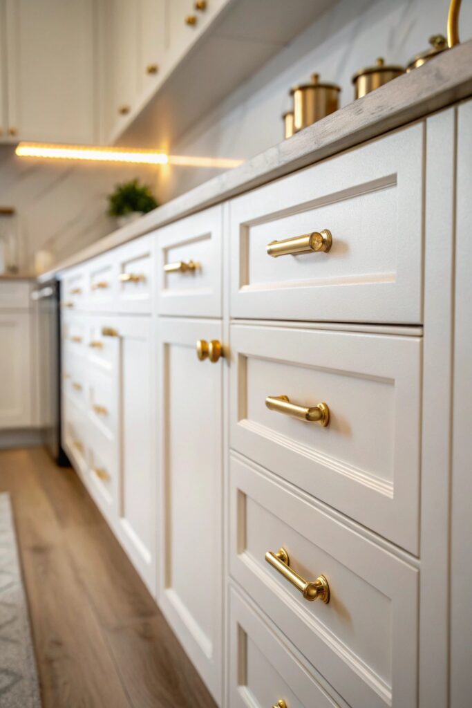 "White Shaker kitchen cabinets with brushed gold knobs and pulls close-up"