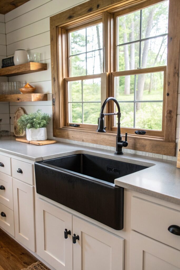 10 Moody Farmhouse Kitchen Ideas Full of Warmth and Character statement farmhouse sink dark finish moody kitchen