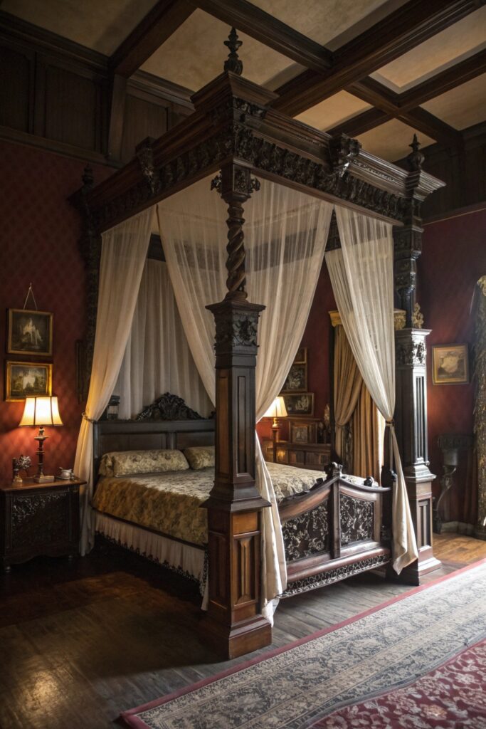 12 Whimsy Goth Bedroom Ideas for a Dark Yet Cozy Aesthetic four poster bed frame whimsy goth bedroom
