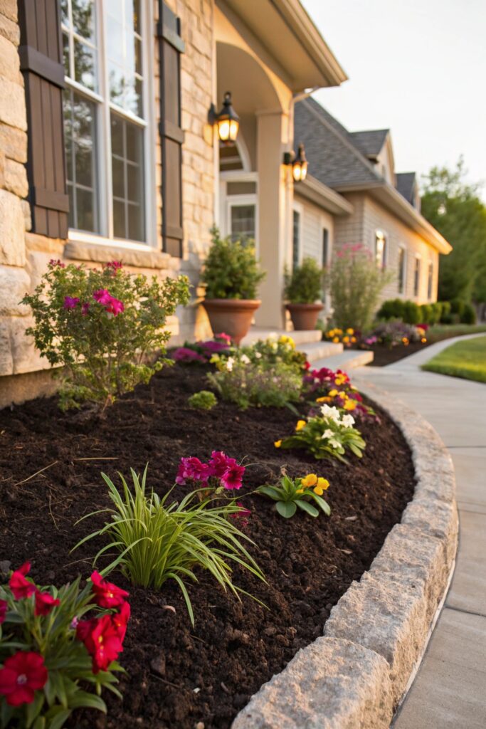15 Flower Beds in Front of House Ideas That Look Gorgeous Year-Round mulch polished finish flower bed