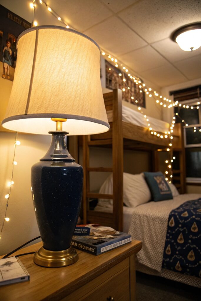 layered navy lighting dorm room ambiance