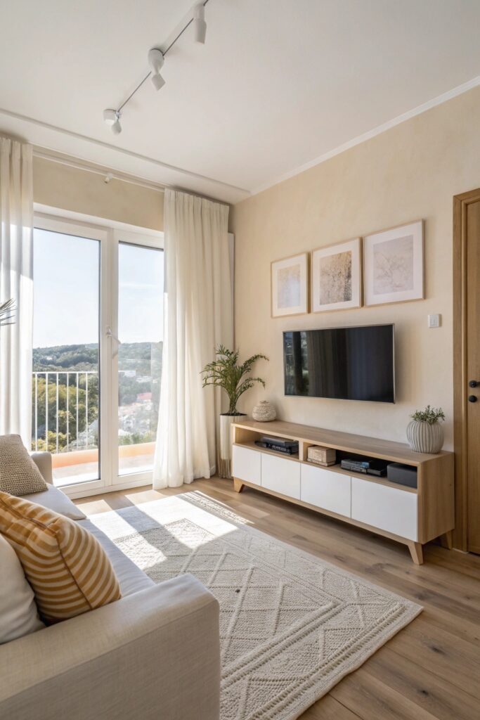light neutral color palette small living room tv
