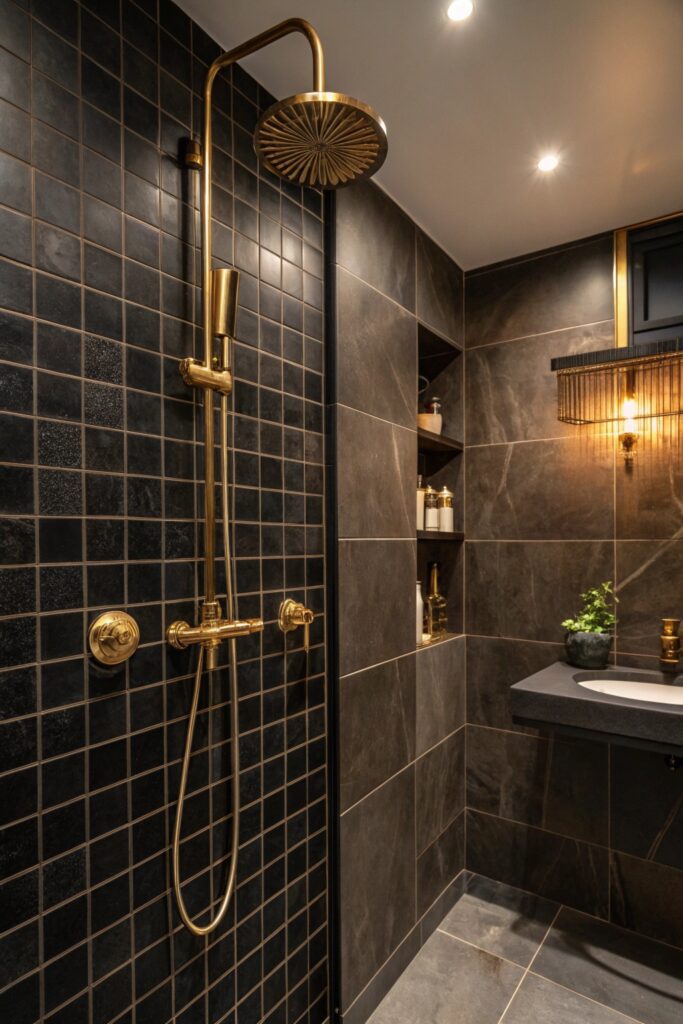 12 Shower Tile Combinations That Make Any Bathroom Look High-End matte black tile brass accents shower