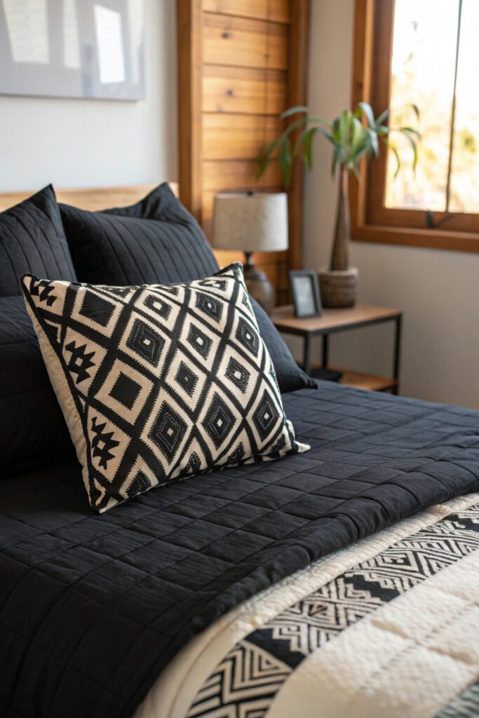 12 Black Themed Bedroom Ideas That Feel Bold, Modern, and Cozy patterned black white textiles bedroom