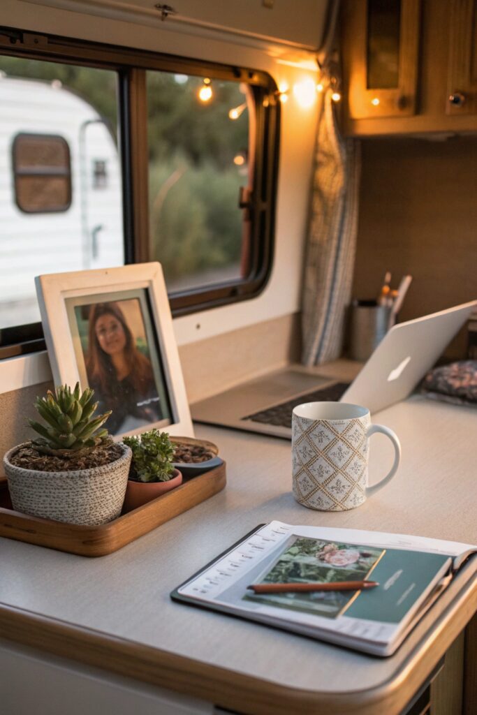 10 RV Home Office Inspiration Ideas for Working From Anywhere RV home office personal decor touches