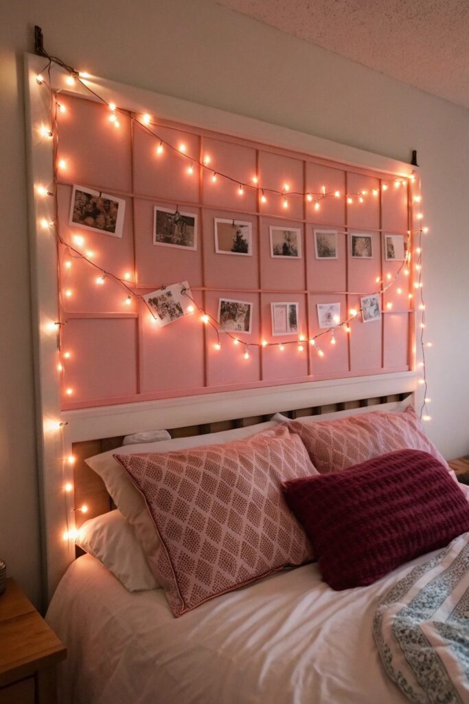 12 Pink Dorm Room Ideas That Are Cute and Stylish pink string lights dorm room ambiance