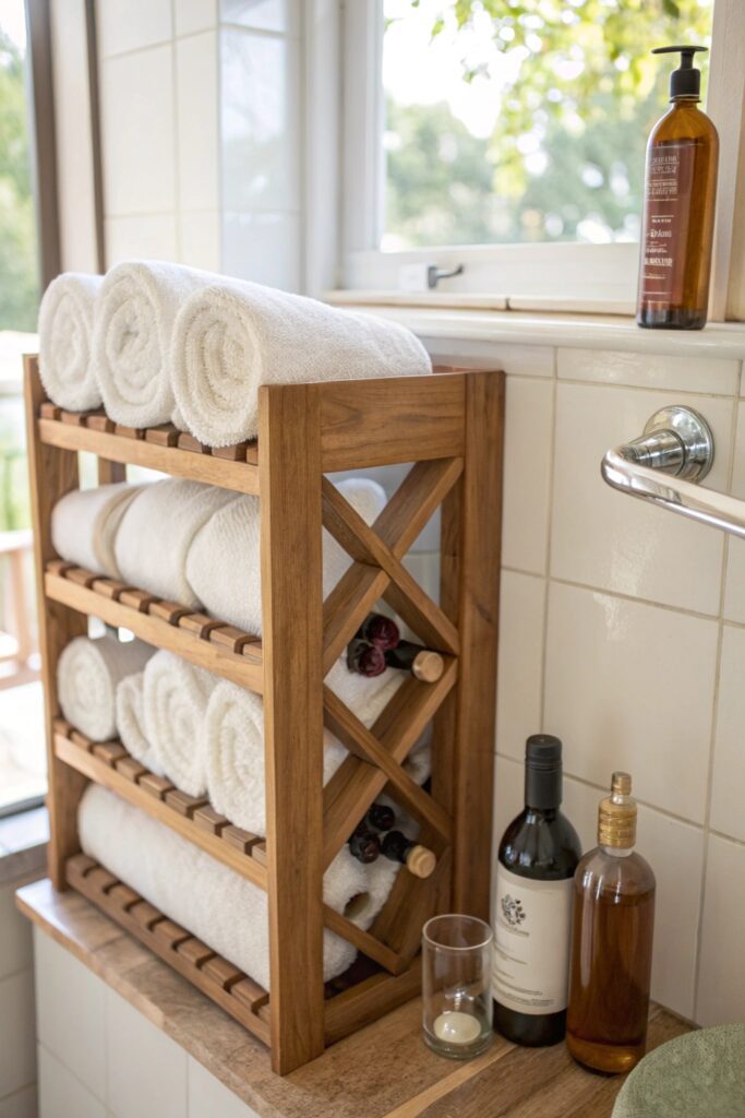 15 Budget-Friendly Organizing Ideas That Instantly Reduce Clutter wine rack towel storage bathroom organizing