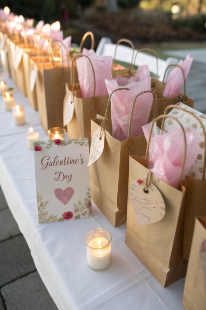 "Self-care party favor bags with candles and face masks for Galentine's Day"