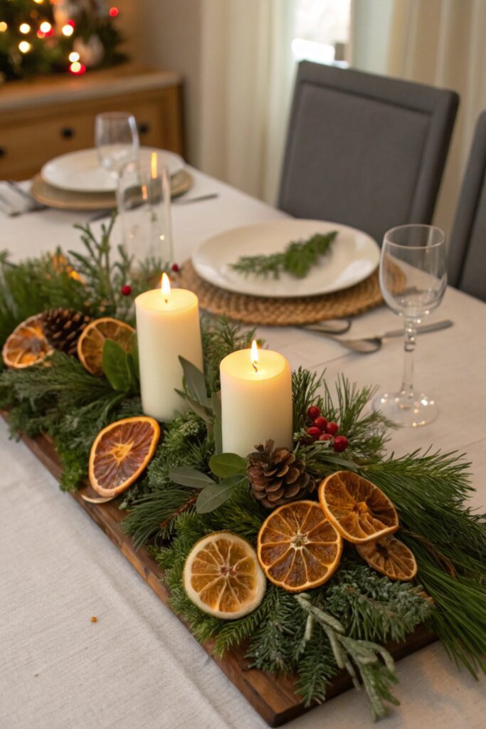 10 Minimalist Christmas Decorations for a Calm Holiday Home "Minimalist dining table centerpiece with greenery, dried citrus, and short candles"