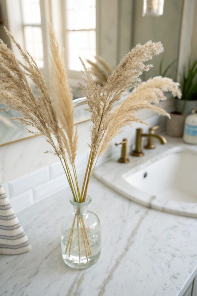 15 Pampas Grass Decor Ideas to Create a Cozy Modern Home bathroom vanity petite arrangement pampas grass