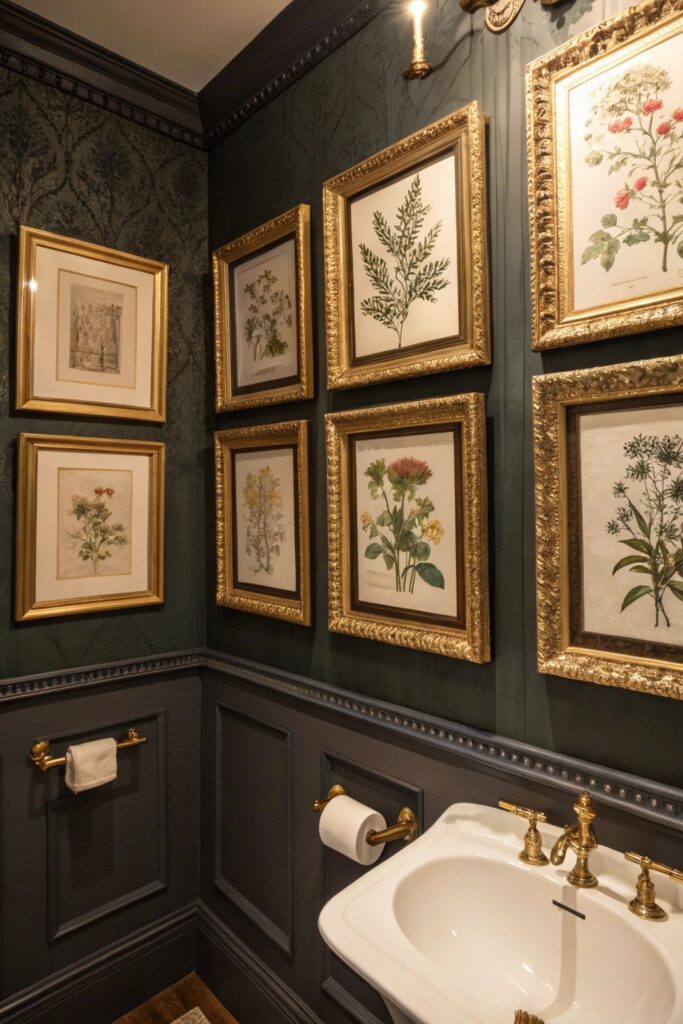 11 Moody Vintage Bathroom Ideas That Blend Elegance With Charm vintage artwork botanical prints moody bathroom