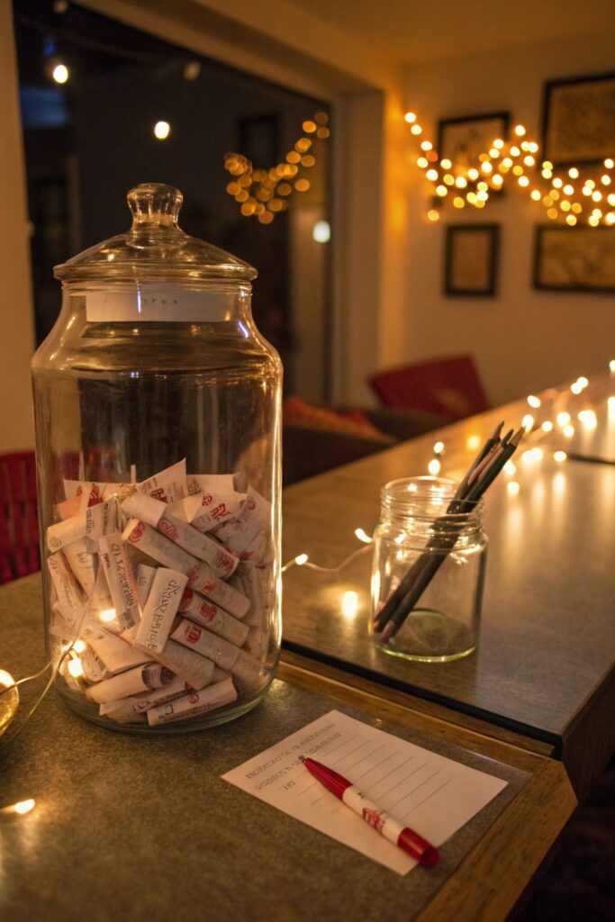 12 New Year's Eve Party Ideas That Everyone Will Remember "Wish jar with folded resolution slips for New Year's Eve party guests"