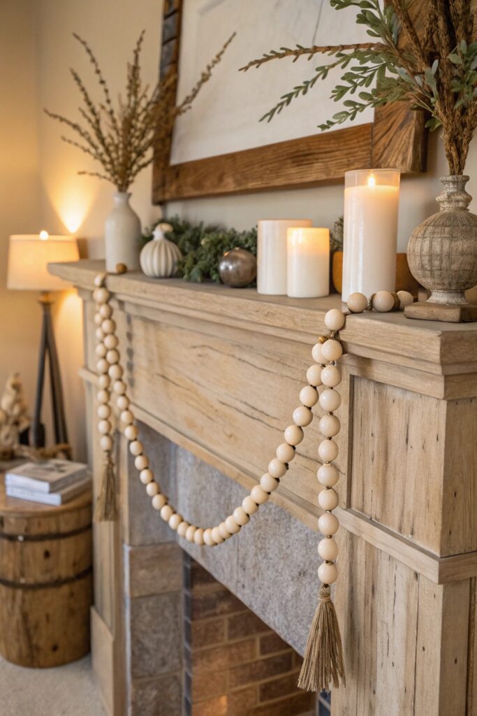 wooden bead garland farmhouse mantel decor