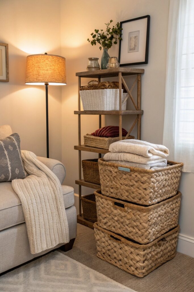 woven baskets storage texture living room