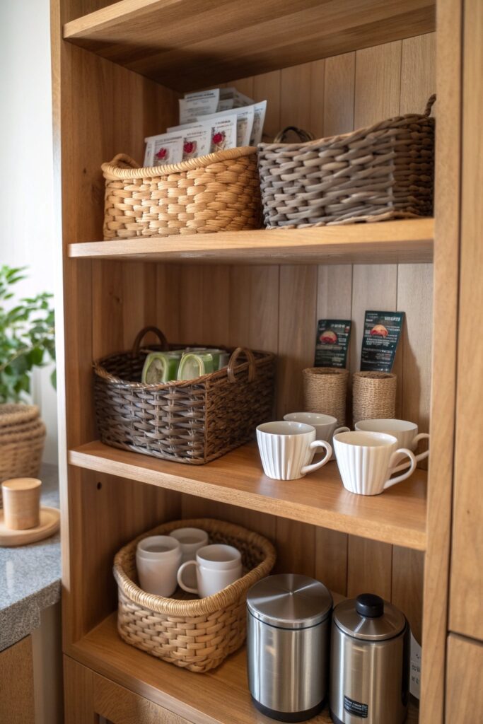 15 DIY Home Coffee Bar Ideas You'll Want to Copy This Weekend open shelving baskets diy coffee bar