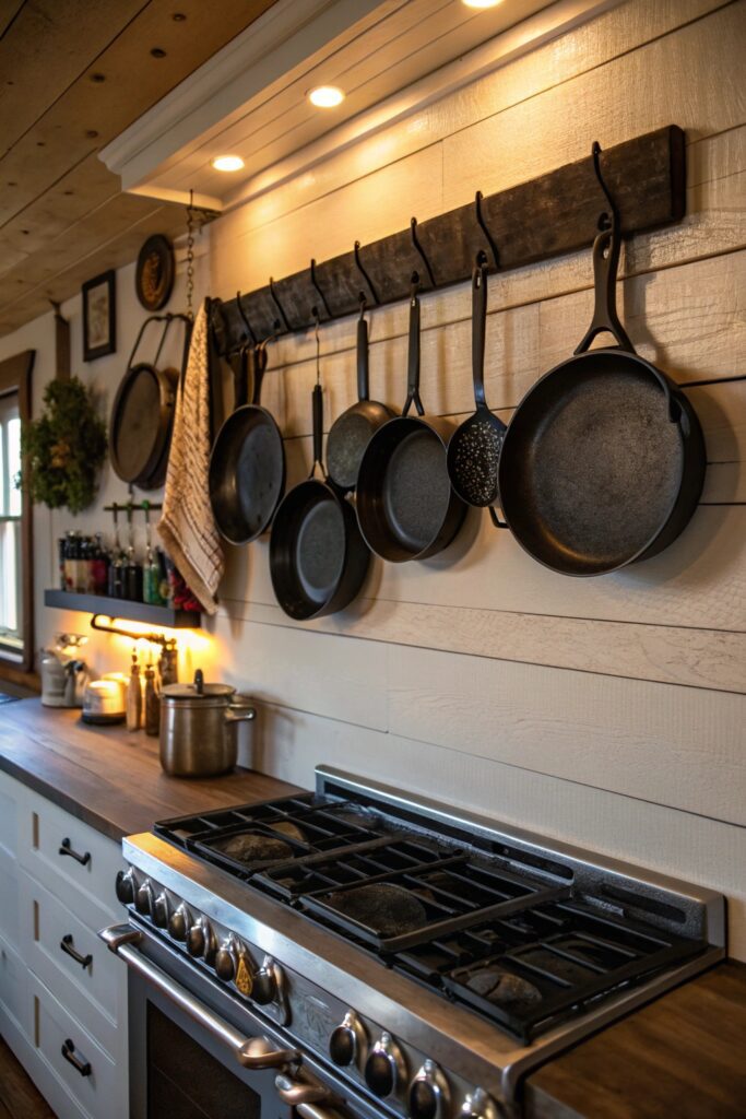 cast iron cookware display farmhouse kitchen