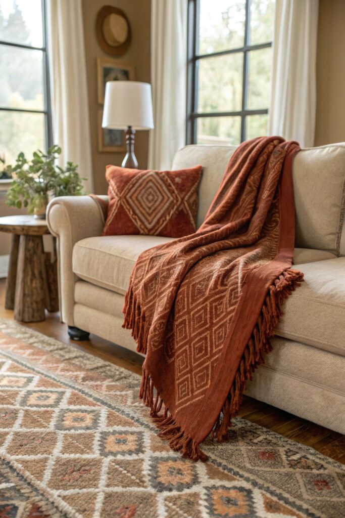 12 Ways to Decorate a Couch With Throw Blankets Like a Designer coordinating rug throw blanket couch