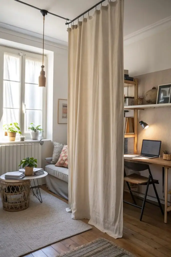 11 College Apartment Living Room Ideas That Are Stylish and Budget-Friendly room divider curtain zoning college apartment