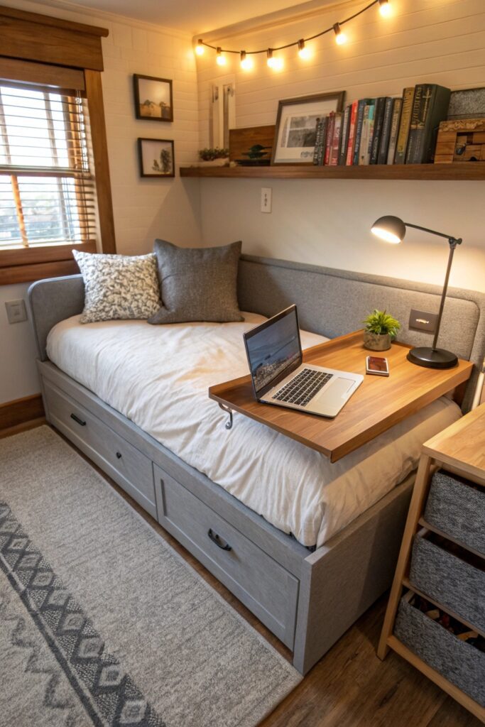 12 Home Office Ideas That Boost Productivity in Small Spaces daybed built in desk attachment small office