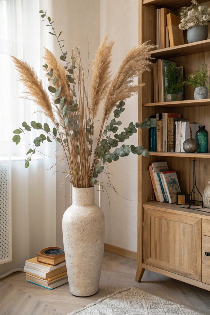 "Dried pampas grass arrangement in ceramic floor vase beside bookshelf"
