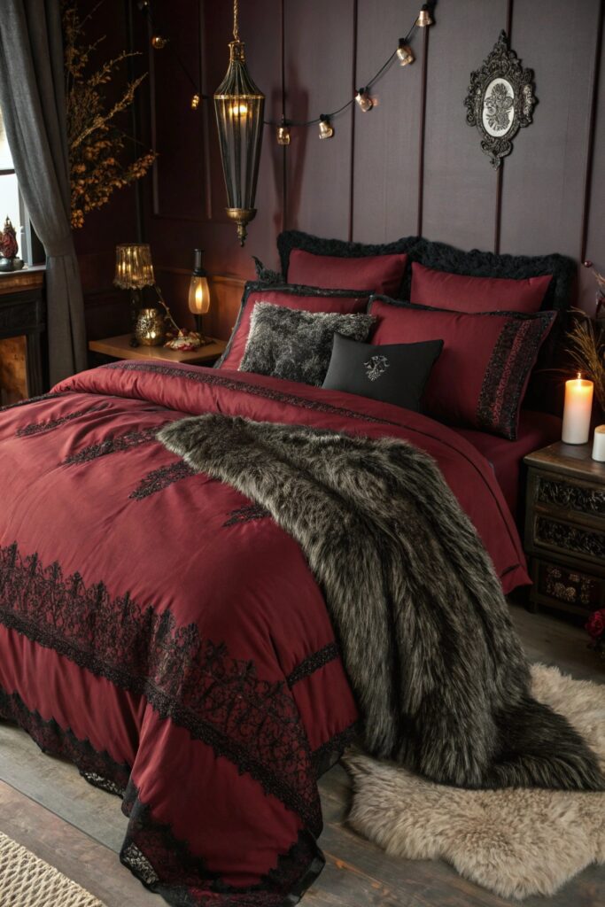 12 Whimsy Goth Bedroom Ideas for a Dark Yet Cozy Aesthetic dark textured bedding whimsy goth bedroom