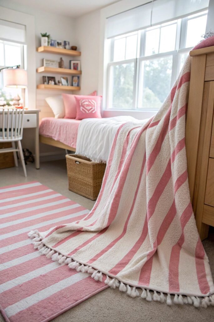 12 Pink Dorm Room Ideas That Are Cute and Stylish pink white striped accent dorm room