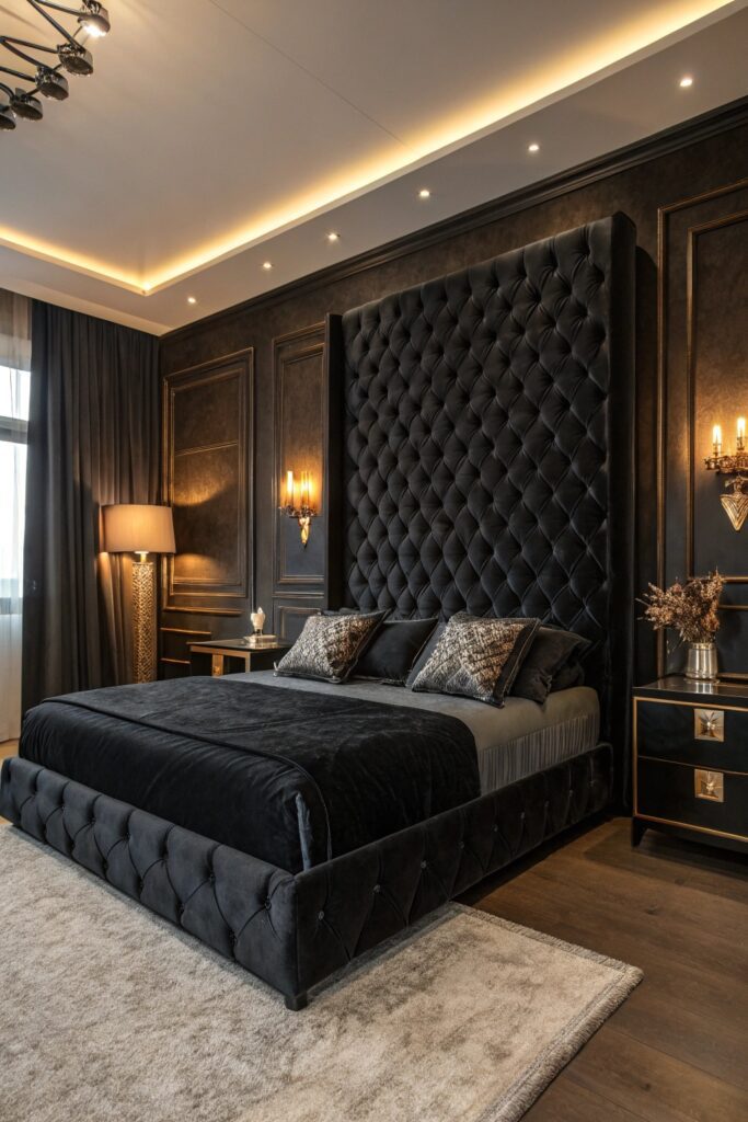12 Black Themed Bedroom Ideas That Feel Bold, Modern, and Cozy statement headboard black bedroom