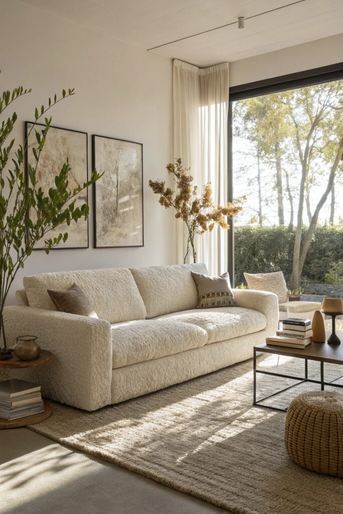 neutral sofa textural fabric living room