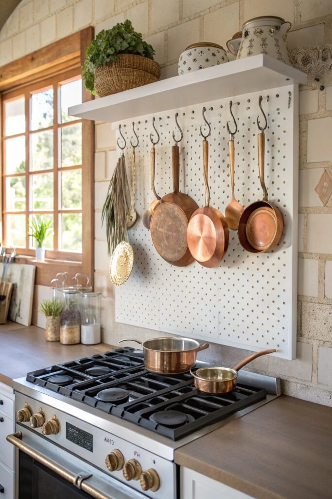 15 Kitchen Organization Hacks That Save Time and Space wall mounted pegboards pots pans kitchen