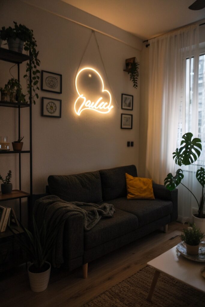 12 Above Couch Decor Ideas That Make Your Living Room Stand Out neon led sign above couch personality