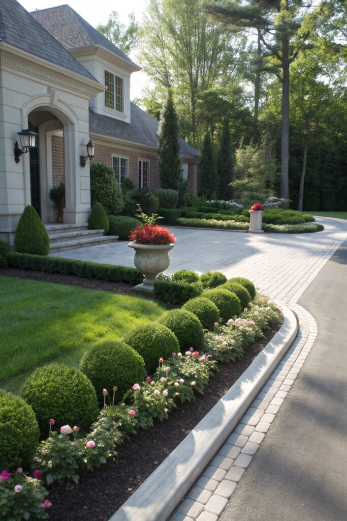 well maintained trimmed driveway landscaping