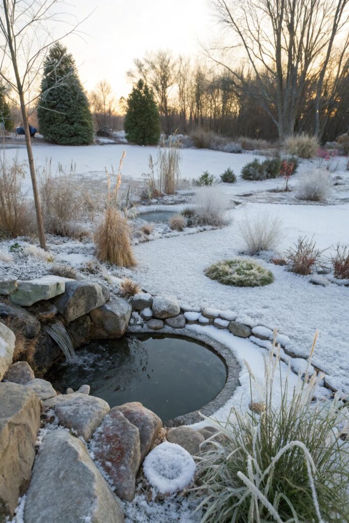 12 Pond Ideas to Brighten Up Your Yard All Year Round winter pond de-icer heater cold climate