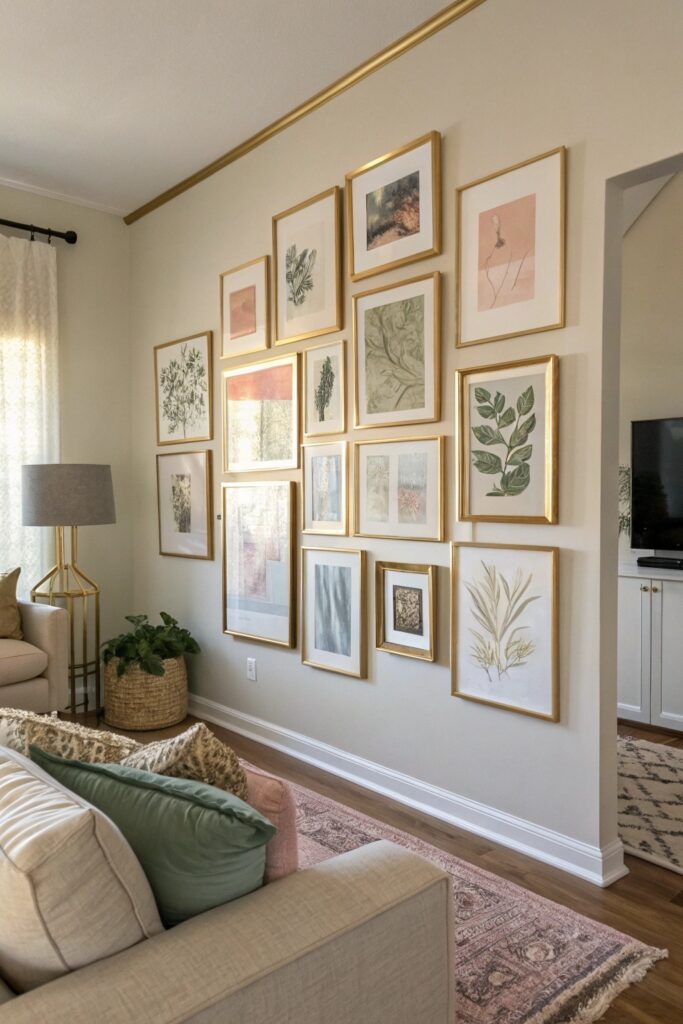 "Living room gallery wall with matte gold frames in cohesive feminine color story"