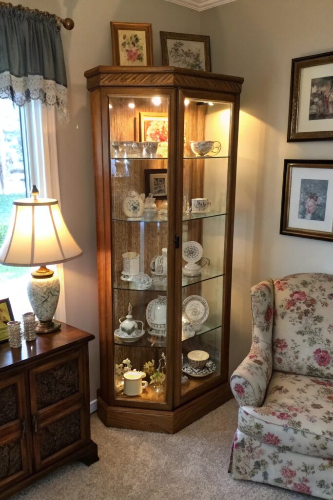 curated collection curio cabinet living room corner