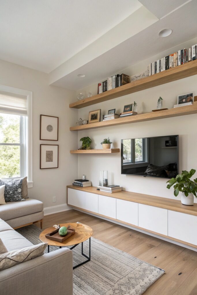 15 Small Living Room Hacks That Make Your Space Feel Twice as Big floating shelves bulky cabinets small living room