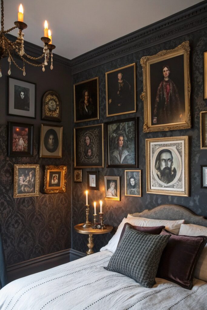 12 Whimsy Goth Bedroom Ideas for a Dark Yet Cozy Aesthetic gothic wall art vintage portraits whimsy goth bedroom