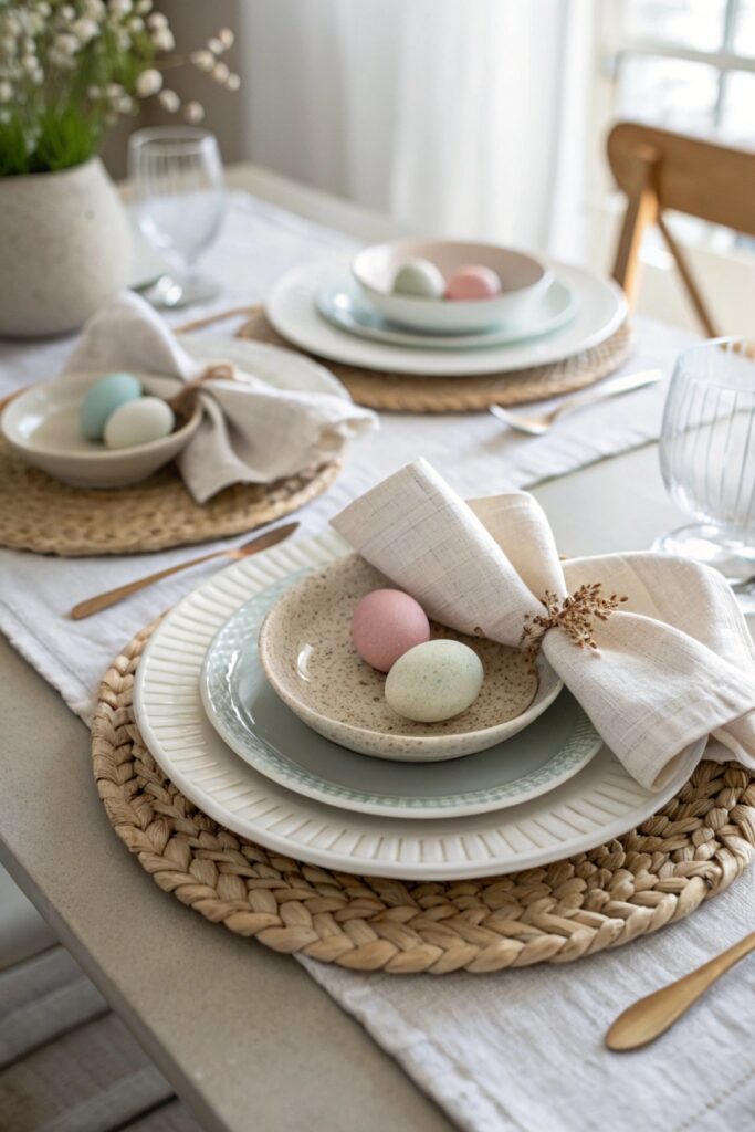 12 Modern Easter Decor Ideas for a Chic Spring Home layered neutral table setting easter decor