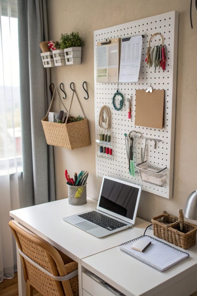 12 Home Office Ideas That Boost Productivity in Small Spaces pegboard organization wall small office